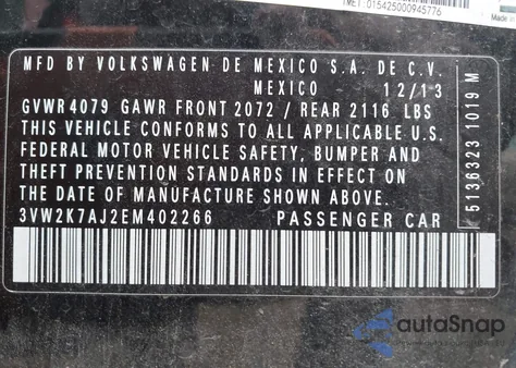 2014 Volkswagen Jetta 2.0L S z USA, uszkodzony, nr VIN 3VW2K7AJ2EM402266